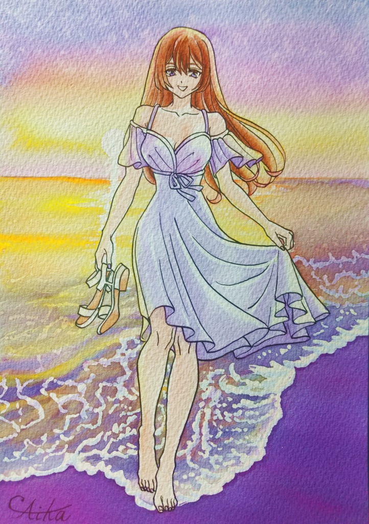『夕日と海』✩水彩イラスト原画✩
