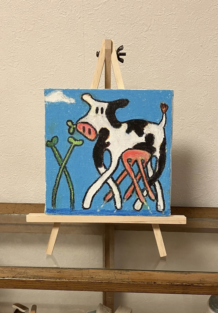 キャンバス原画「草を食む長い牛」
