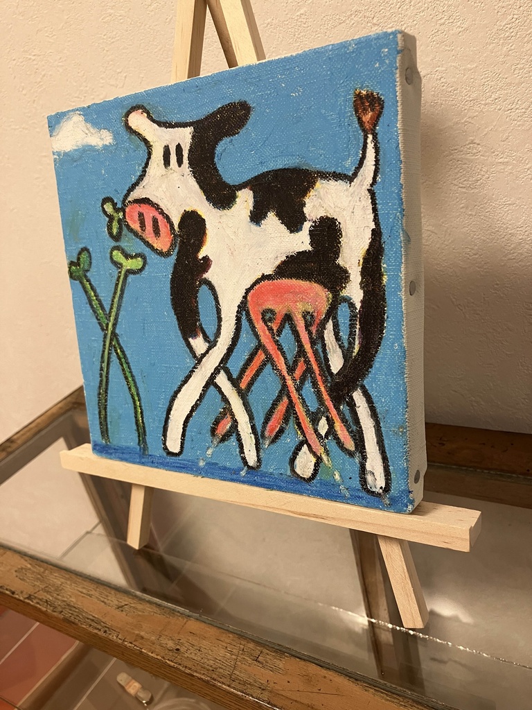 キャンバス原画「草を食む長い牛」