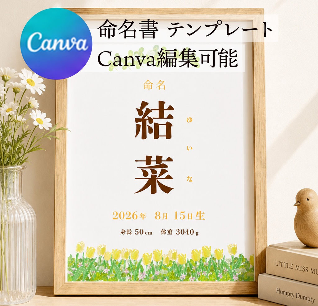 命名書 テンプレート チューリップ と三つ葉の水彩風 Canva編集可能(お七夜・出産祝いに)