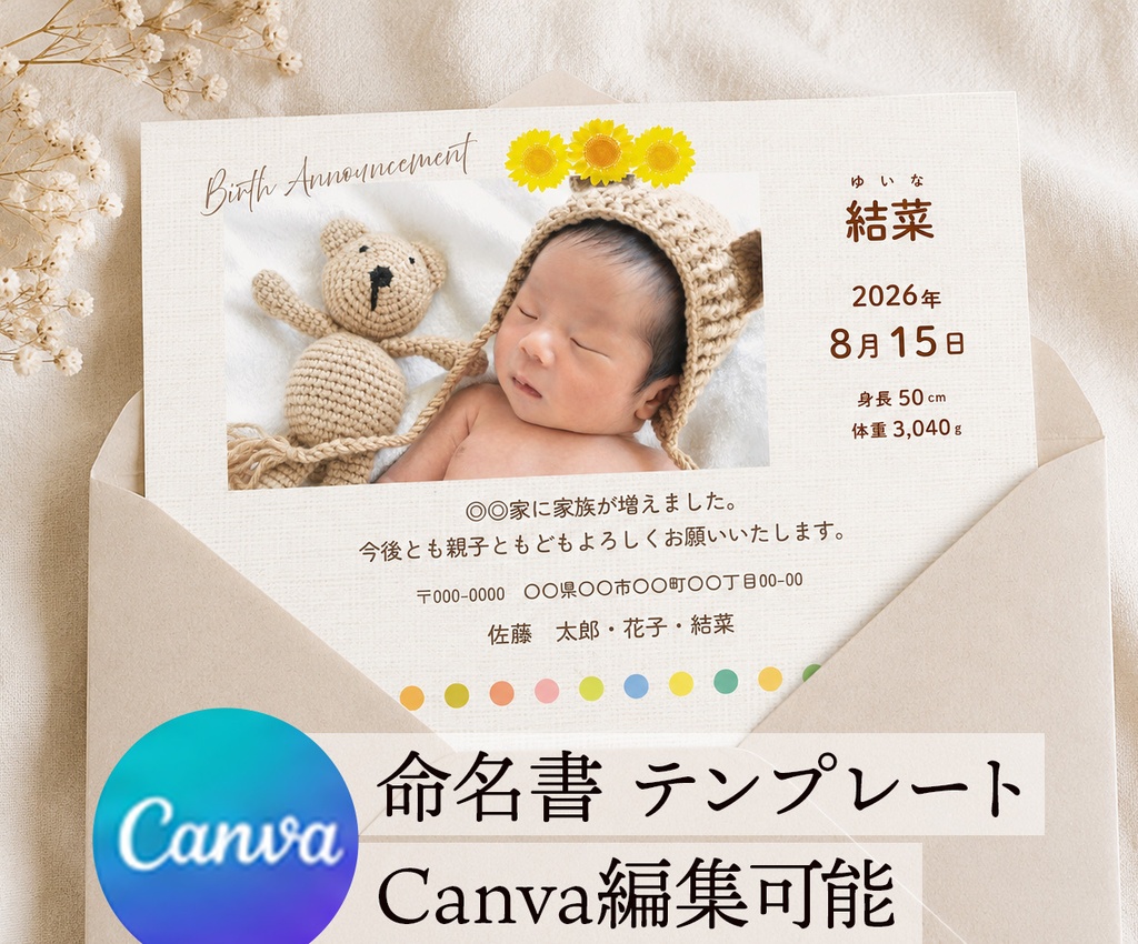 【Canvaテンプレート】出産報告カード テンプレート｜ひまわり｜ハガキサイズ｜写真入り｜ダウンロード版