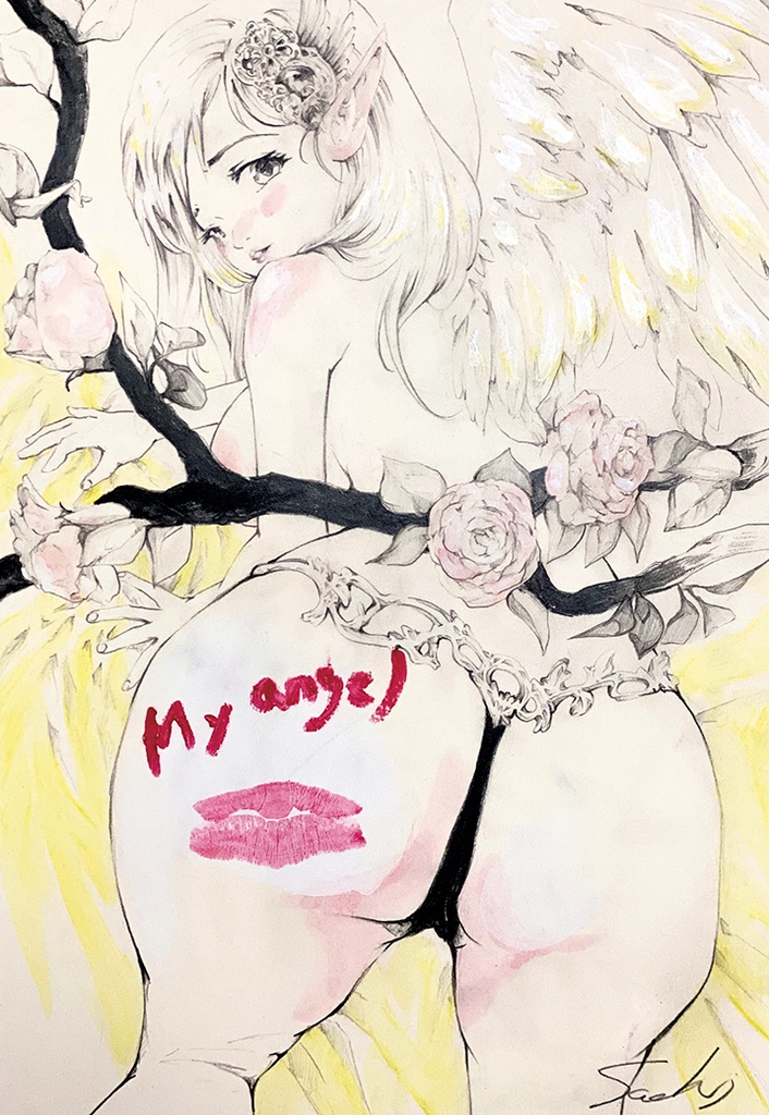 手描き アナログ イラストアート 『My angel』 オリジナル 創作 水彩 色鉛筆 ファンタジー 手書き art