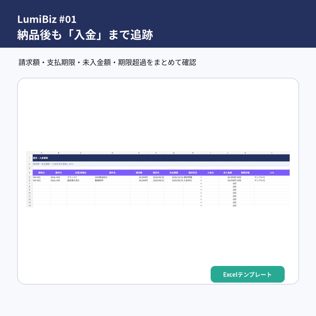 【LumiBiz #01】VTuber・配信者向け 企業案件・営業・請求管理PRO|問い合わせから入金まで|Excel