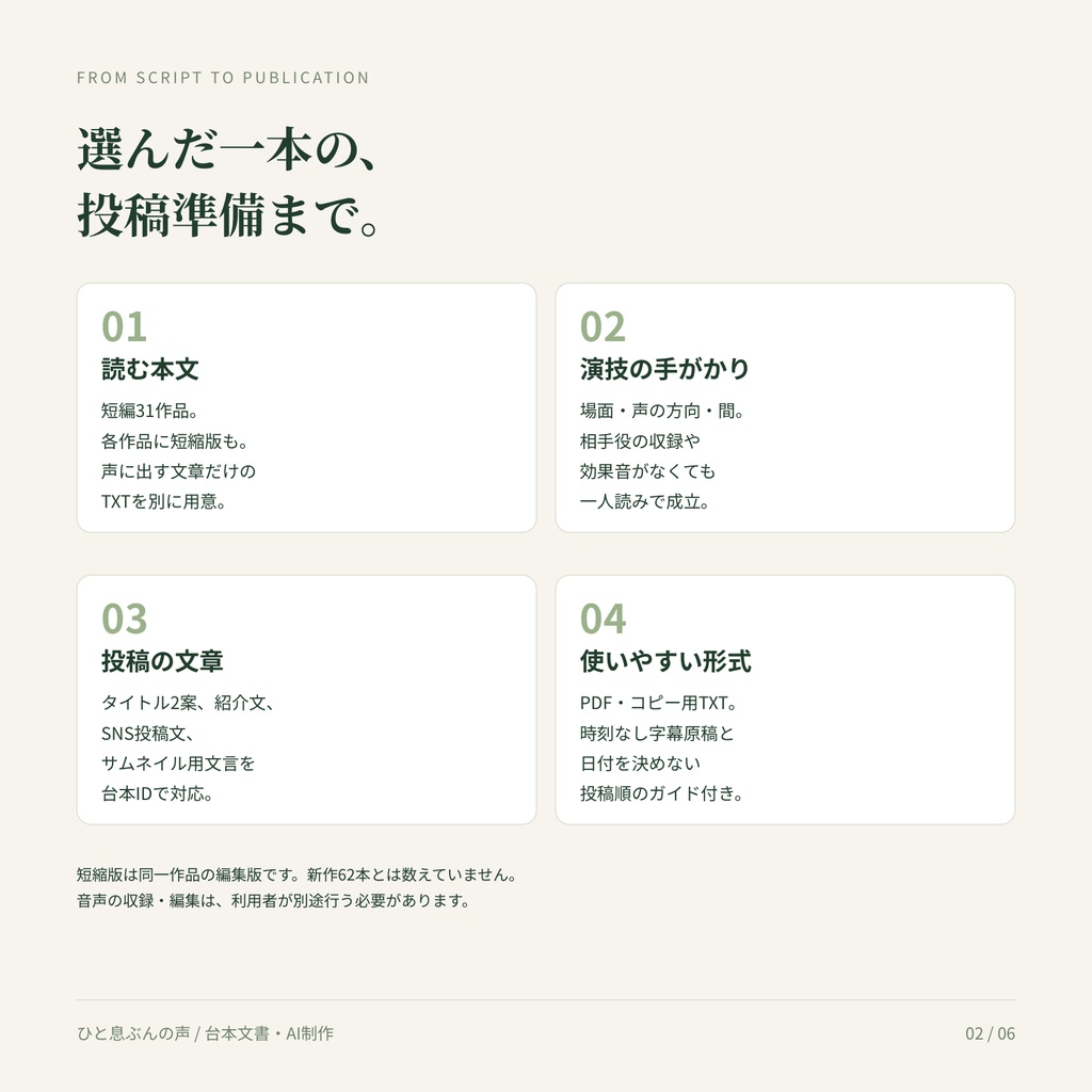 【無料5本あり/商用利用可】ひと息ぶんの声|短編31本+長編12本のボイス台本・投稿準備セット【AI制作/音声未収録】