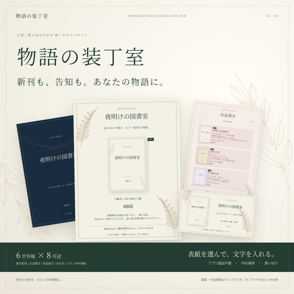 【ブラウザでかんたん編集】物語の装丁室|小説同人誌の新刊告知・お品書き制作キット
