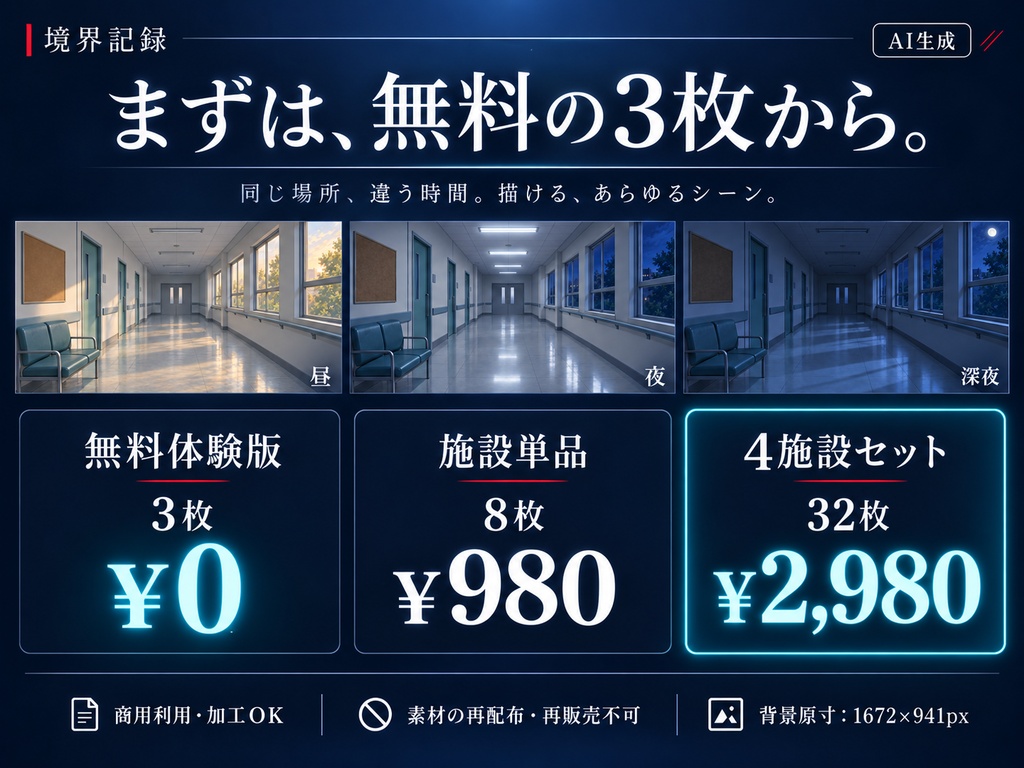 【無料版あり・AI生成】境界記録|現代怪異・捜査背景集|4施設・8場面・32枚