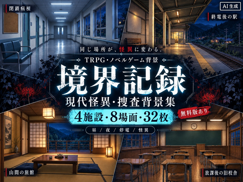 【無料版あり・AI生成】境界記録|現代怪異・捜査背景集|4施設・8場面・32枚