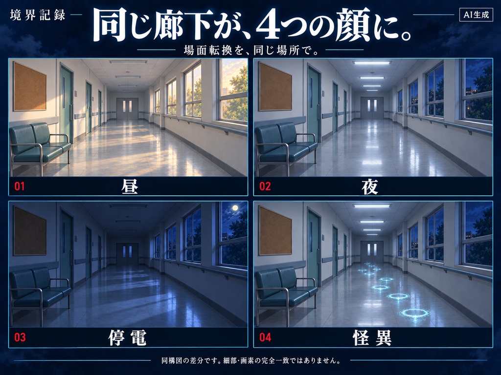 【無料版あり・AI生成】境界記録|現代怪異・捜査背景集|4施設・8場面・32枚