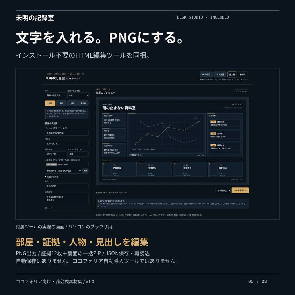 【ココフォリア素材】未明の記録室|捜査・ホラー3テーマ|証拠・人物・部屋PNG編集ツール付