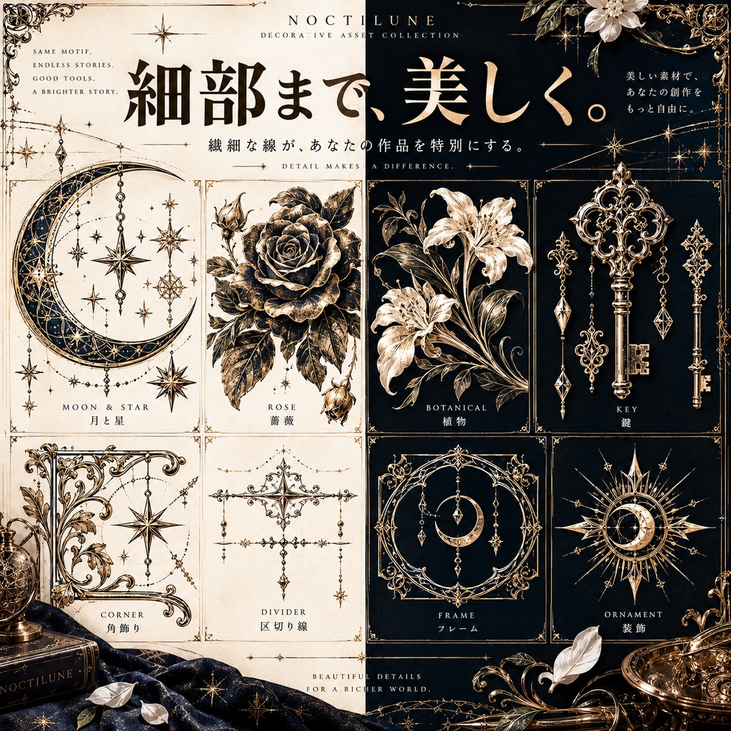 【144種/商用利用可】天体・植物・ゴシック装飾素材集 NOCTILUNE|SVG+透過PNG・無料版あり