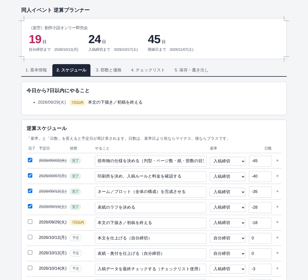 同人イベント 逆算プランナー|入稿締切と開催日から「今日やること」がわかる準備キット(HTMLツール+チェックリスト)