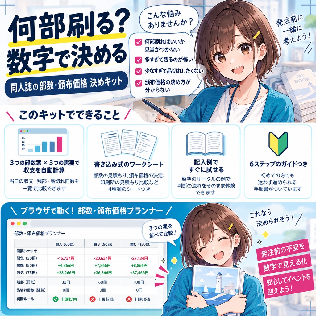 同人誌の部数と頒布価格の決め方キット|刷る前に赤字と残部を3案で比べる計算ツール+ワークシート