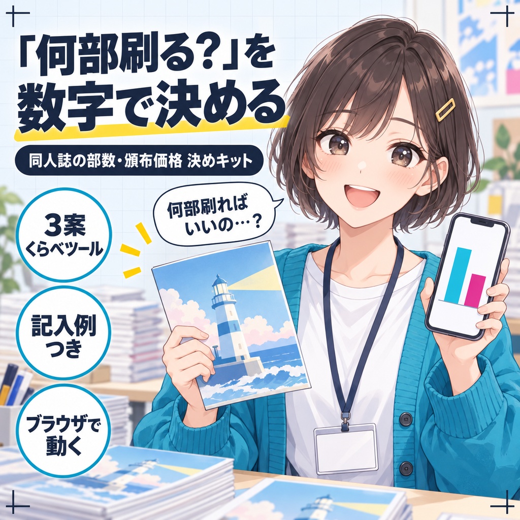 同人誌の部数と頒布価格の決め方キット|刷る前に赤字と残部を3案で比べる計算ツール+ワークシート