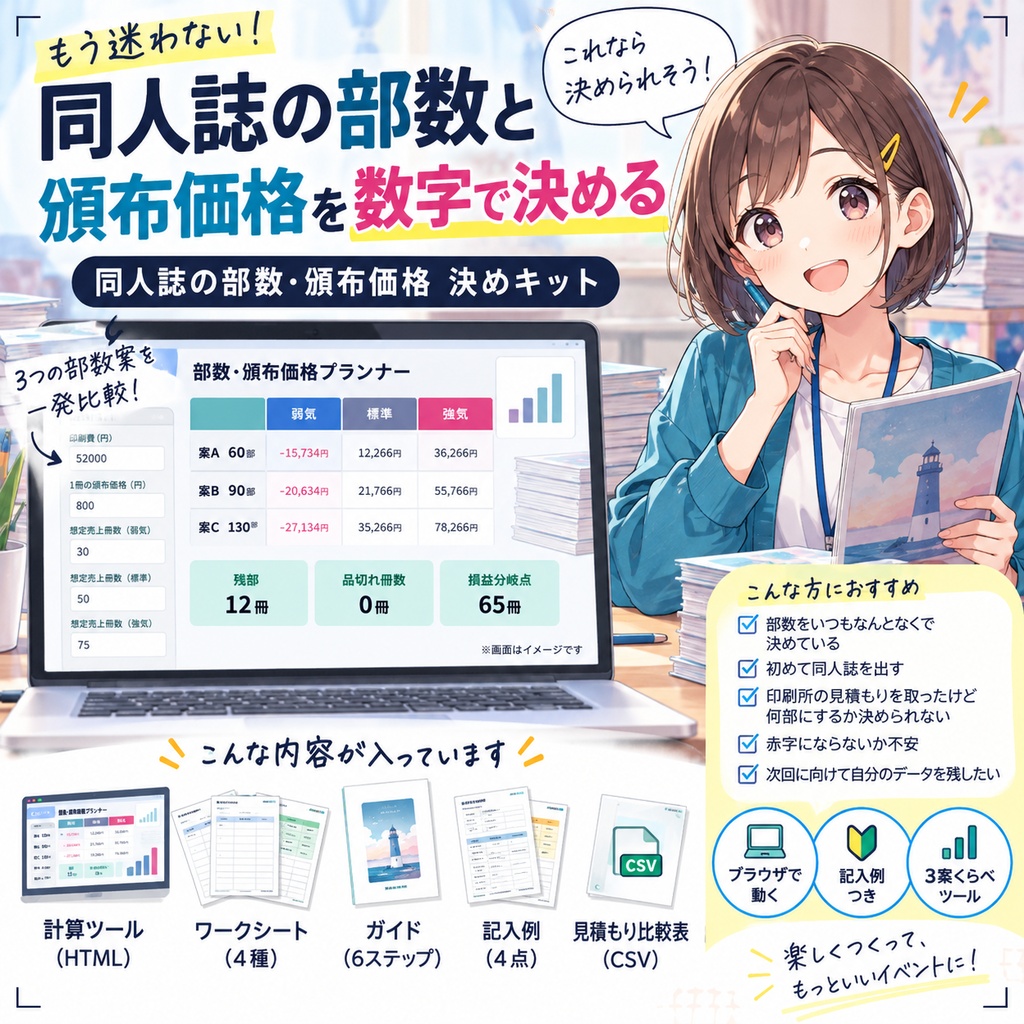 同人誌の部数と頒布価格の決め方キット|刷る前に赤字と残部を3案で比べる計算ツール+ワークシート