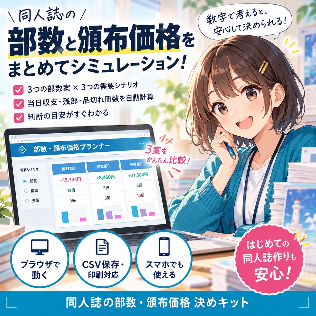 同人誌の部数と頒布価格の決め方キット|刷る前に赤字と残部を3案で比べる計算ツール+ワークシート