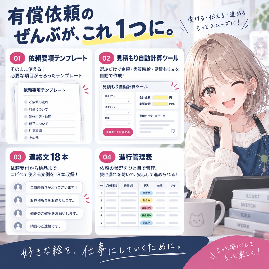 有償依頼 受付・管理キット|依頼要項テンプレート・見積もり自動計算ツール・連絡文18本・進行管理表【絵描き向け】