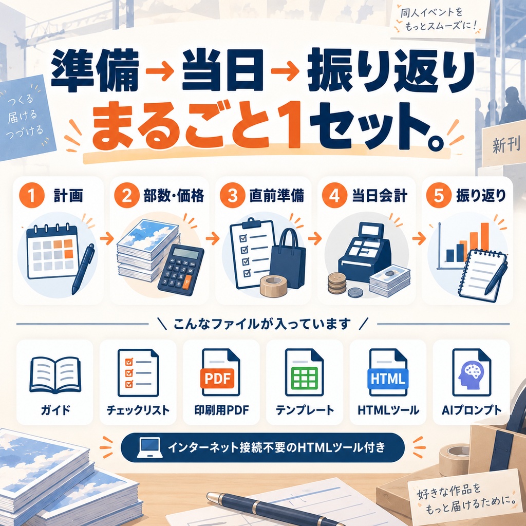即売会サークル実務キット|部数・価格・釣り銭プランナー&当日レジ(オフラインHTML)+印刷用シート