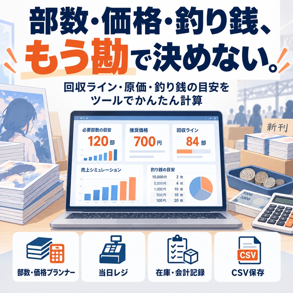即売会サークル実務キット|部数・価格・釣り銭プランナー&当日レジ(オフラインHTML)+印刷用シート