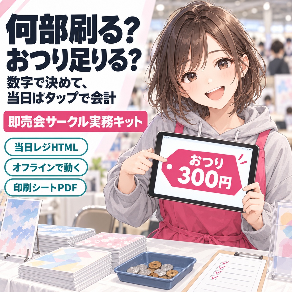 即売会サークル実務キット｜部数・価格・釣り銭プランナー＆当日レジ（オフラインHTML）＋印刷用シート