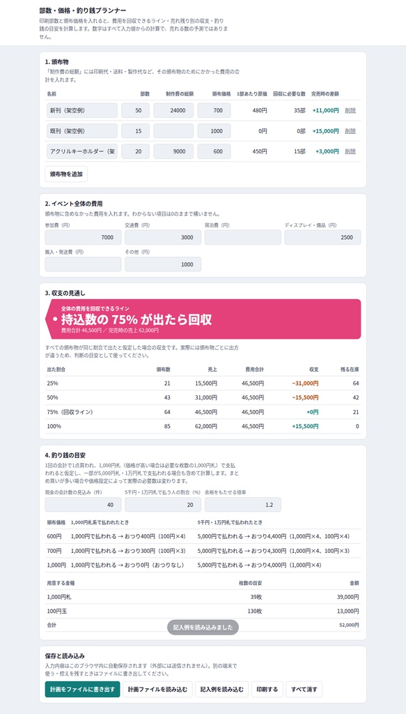 即売会サークル実務キット|部数・価格・釣り銭プランナー&当日レジ(オフラインHTML)+印刷用シート