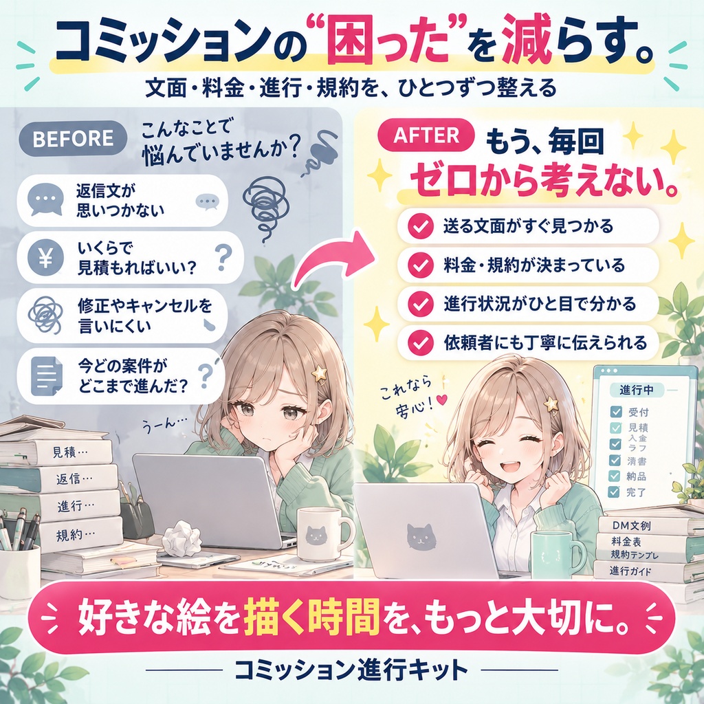 【有償依頼を受ける絵描きさん向け】コミッション進行キット|案件管理ツール+DM文例32本+依頼規約テンプレート