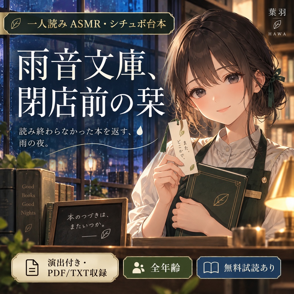 【一人読みASMR・シチュボ台本】雨音文庫、閉店前の栞｜演出付き・PDF/TXT