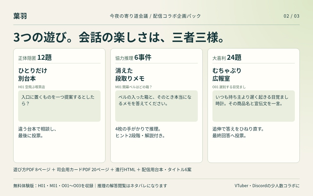 今夜の寄り道会議|配信コラボ企画パック【正体隠匿・協力推理・大喜利/進行HTML付き】