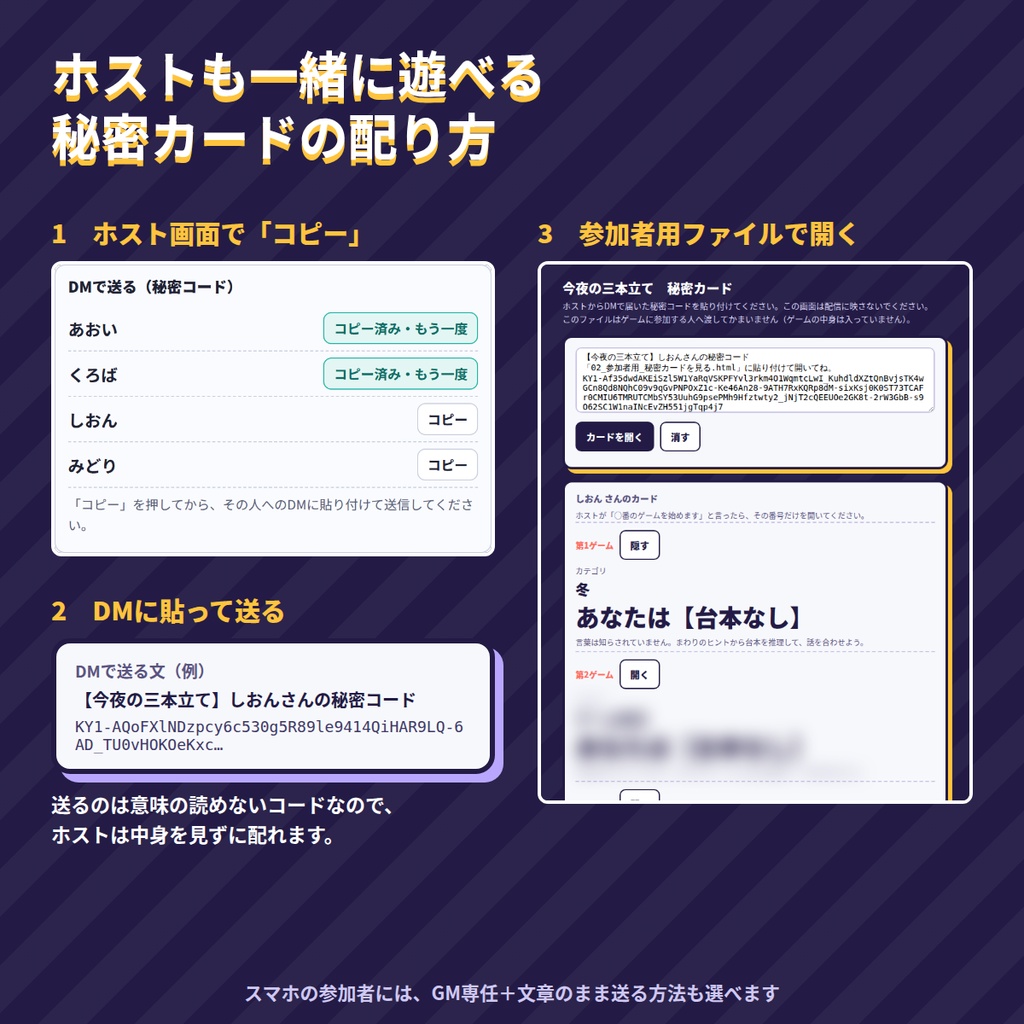 【配信・Discord用】今夜の三本立て|正体隠匿・推理・大喜利のコラボ企画パック(配信画面HTML付き・3〜8人)