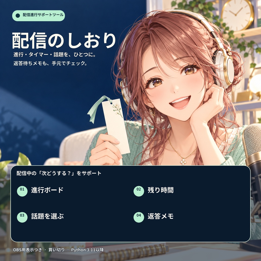 配信のしおり｜進行・タイマー・話題ピッカー・返答待ちメモ【OBSブラウザソース向け／要Python】