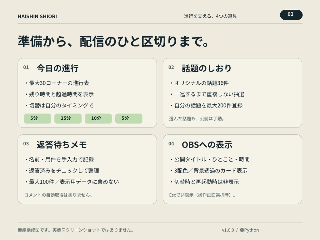 配信のしおり|進行・タイマー・話題ピッカー・返答待ちメモ【OBSブラウザソース向け/要Python】