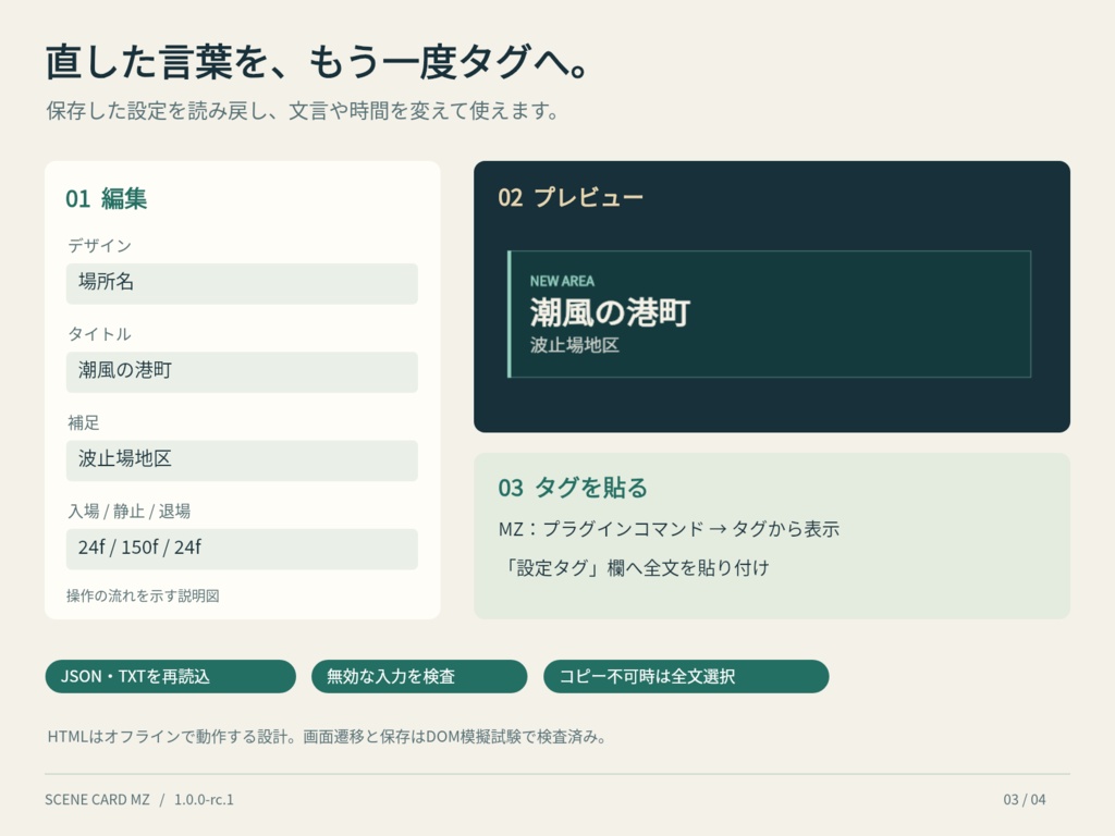 場面カードMZ|章タイトル・場所名・字幕プラグイン+タグ作成HTML【RC版】