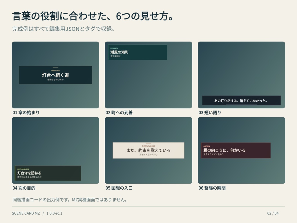 場面カードMZ|章タイトル・場所名・字幕プラグイン+タグ作成HTML【RC版】