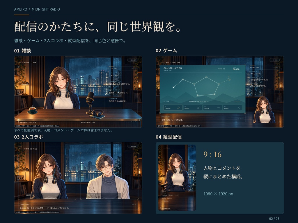 雨の深夜ラジオ室|VTuber統一配信空間セット|背景・配信枠・告知テンプレート