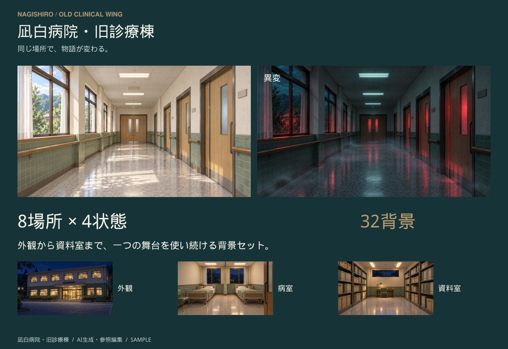 【TRPG・ゲーム背景】凪白病院・旧診療棟|昼・夜・停電・異変/8場所・32背景