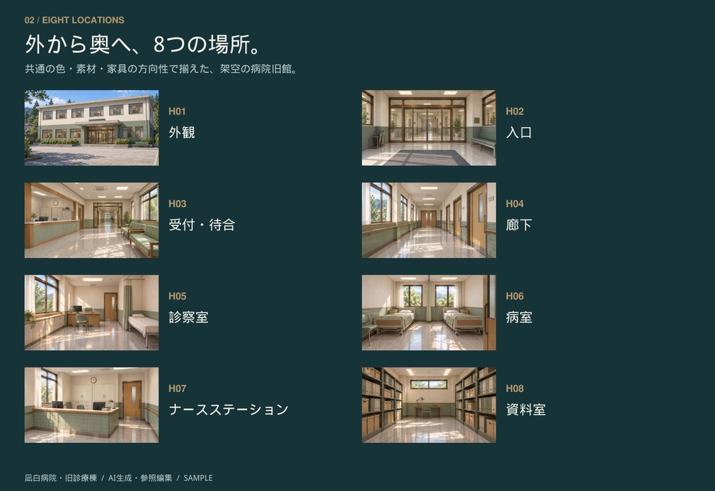 【TRPG・ゲーム背景】凪白病院・旧診療棟|昼・夜・停電・異変/8場所・32背景