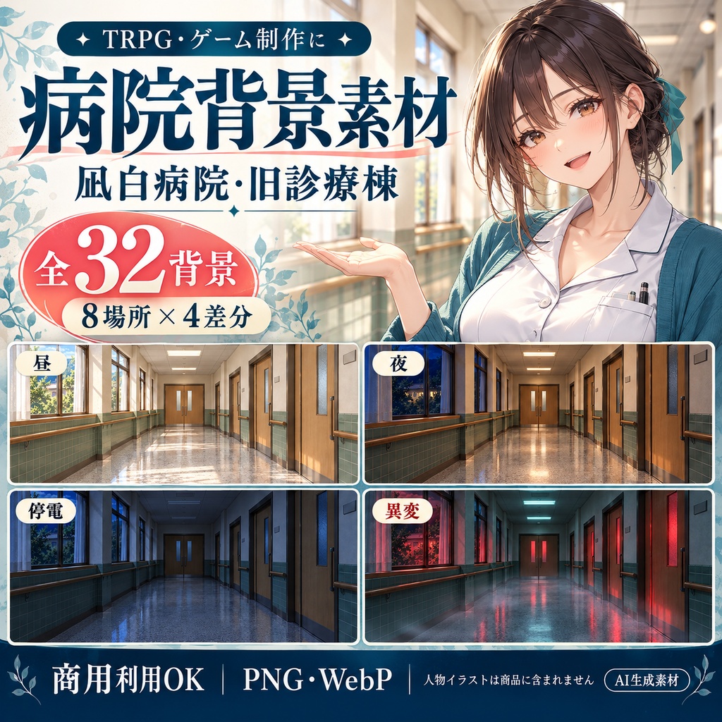 【TRPG・ゲーム背景】凪白病院・旧診療棟｜昼・夜・停電・異変／8場所・32背景