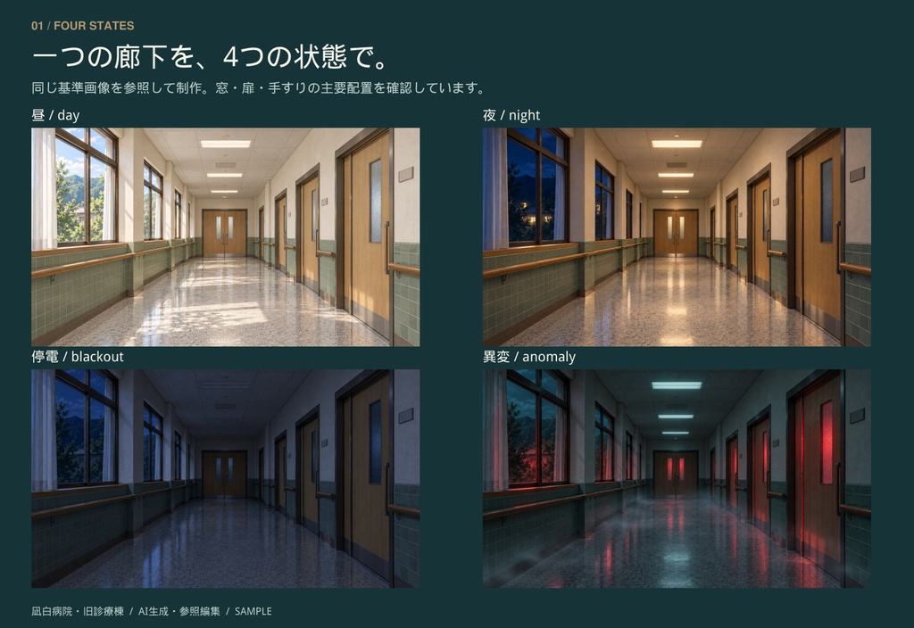 【TRPG・ゲーム背景】凪白病院・旧診療棟|昼・夜・停電・異変/8場所・32背景