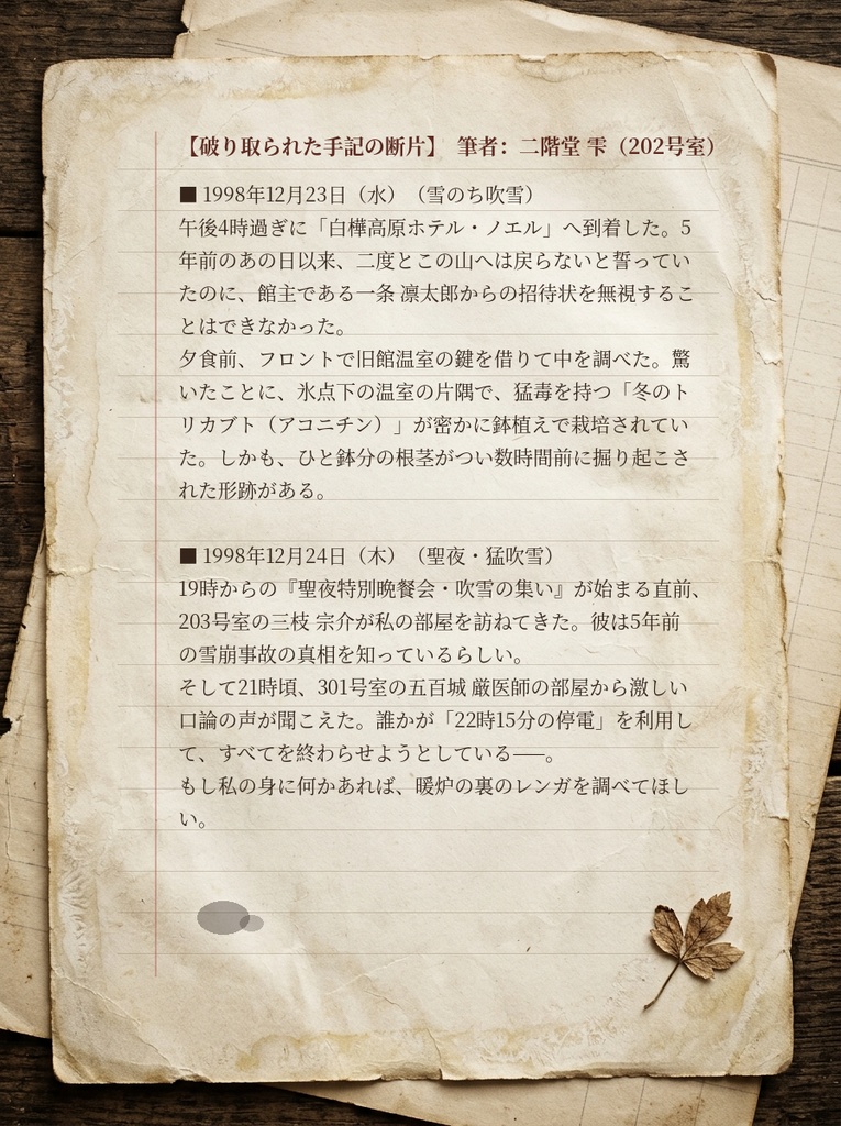 【シナリオ同梱OK】冬の事件用・編集できる手がかり資料8種+ブラウザ一括同期スタジオ|招待状・宿泊者名簿・部屋札・メニュー・乗車券・停電掲示・日記・手紙【TRPG・マダミス素材/PNG・PDF・SVG】