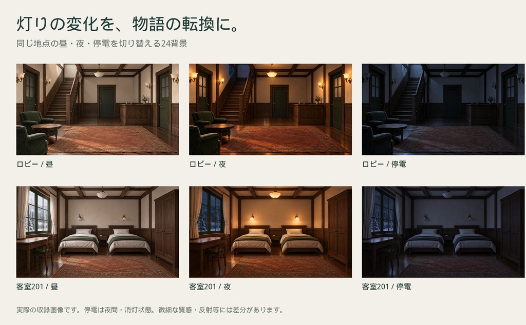 【背景24枚】雪籠りの宿・白樺館|昼・夜・停電/TRPG・ノベルゲーム用/見取り図付き/AI生成