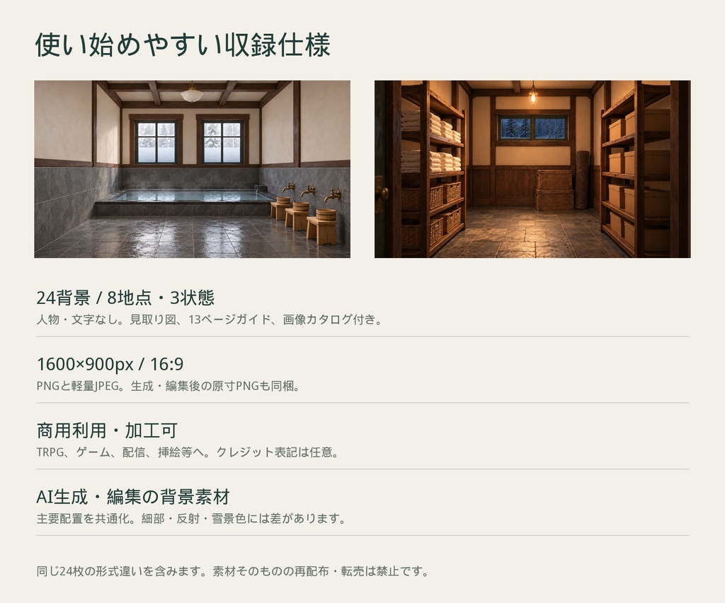 【背景24枚】雪籠りの宿・白樺館|昼・夜・停電/TRPG・ノベルゲーム用/見取り図付き/AI生成