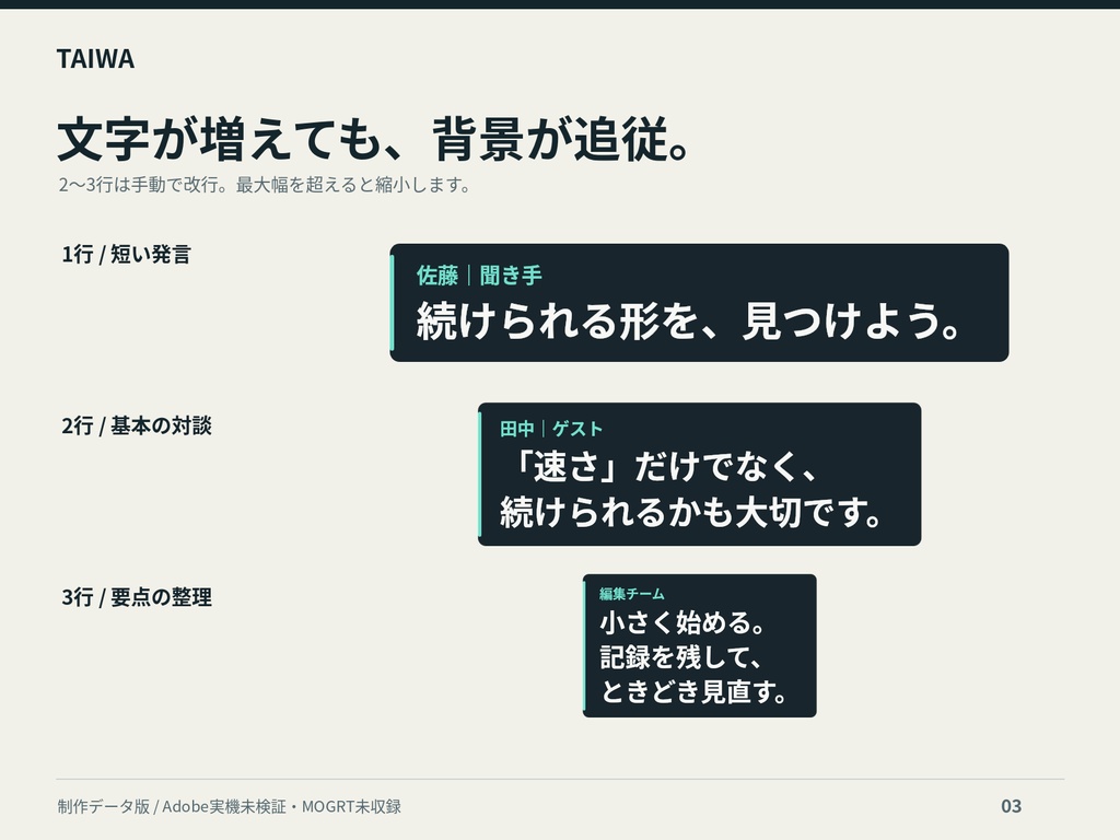 【Adobe未検証・制作データ版】日本語対談テロップ TAIWA|24役割・PNG/SVG各48点