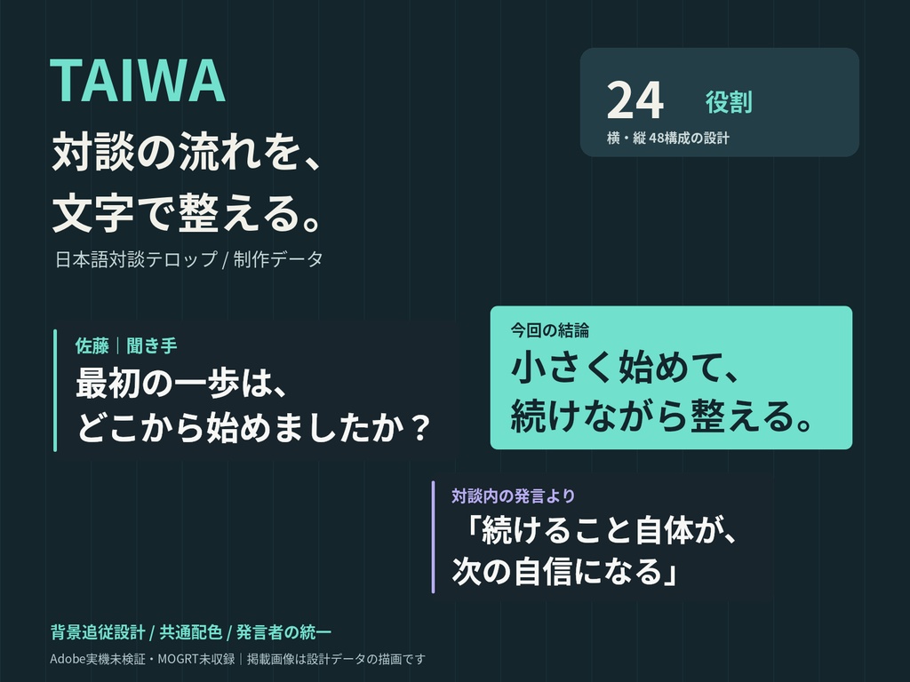 【Adobe未検証・制作データ版】日本語対談テロップ TAIWA|24役割・PNG/SVG各48点