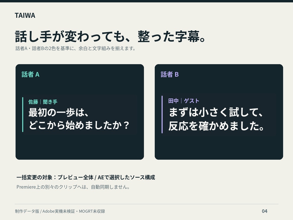 【Adobe未検証・制作データ版】日本語対談テロップ TAIWA|24役割・PNG/SVG各48点