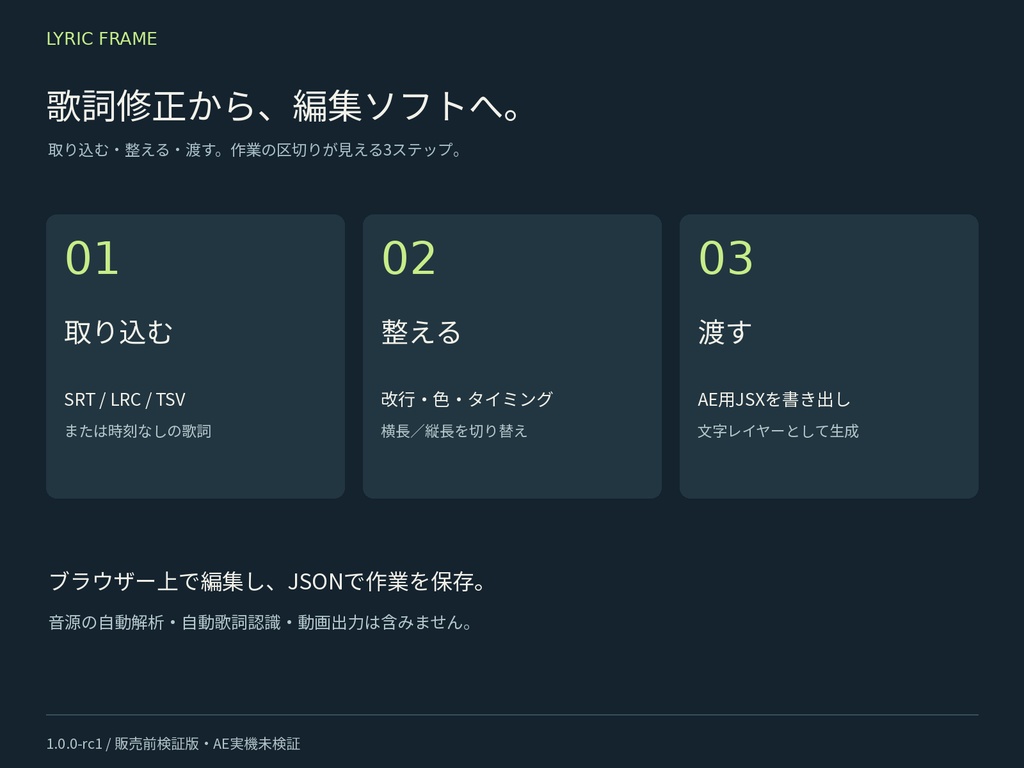 【検証版】LYRIC FRAME|歌詞編集・After Effects用JSX書き出し|歌ってみた・オリジナル曲向け
