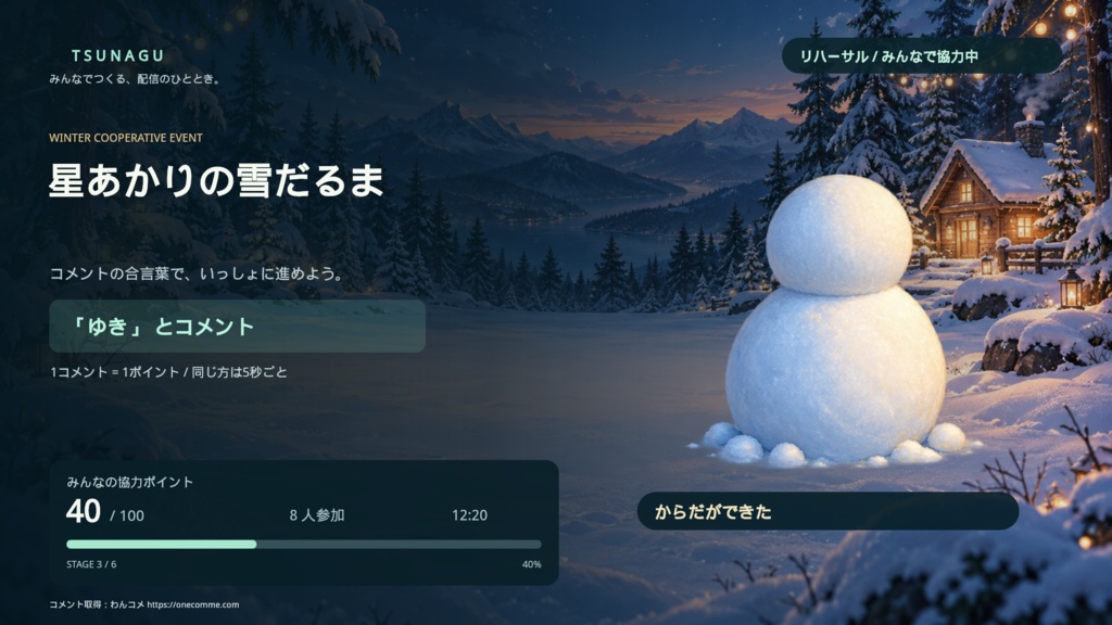 【検証版・実機未検証】TSUNAGU|コメント参加型協力イベントキット|雪だるま制作&宇宙船修理