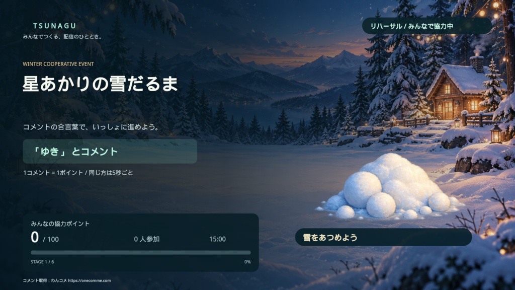 【検証版・実機未検証】TSUNAGU|コメント参加型協力イベントキット|雪だるま制作&宇宙船修理
