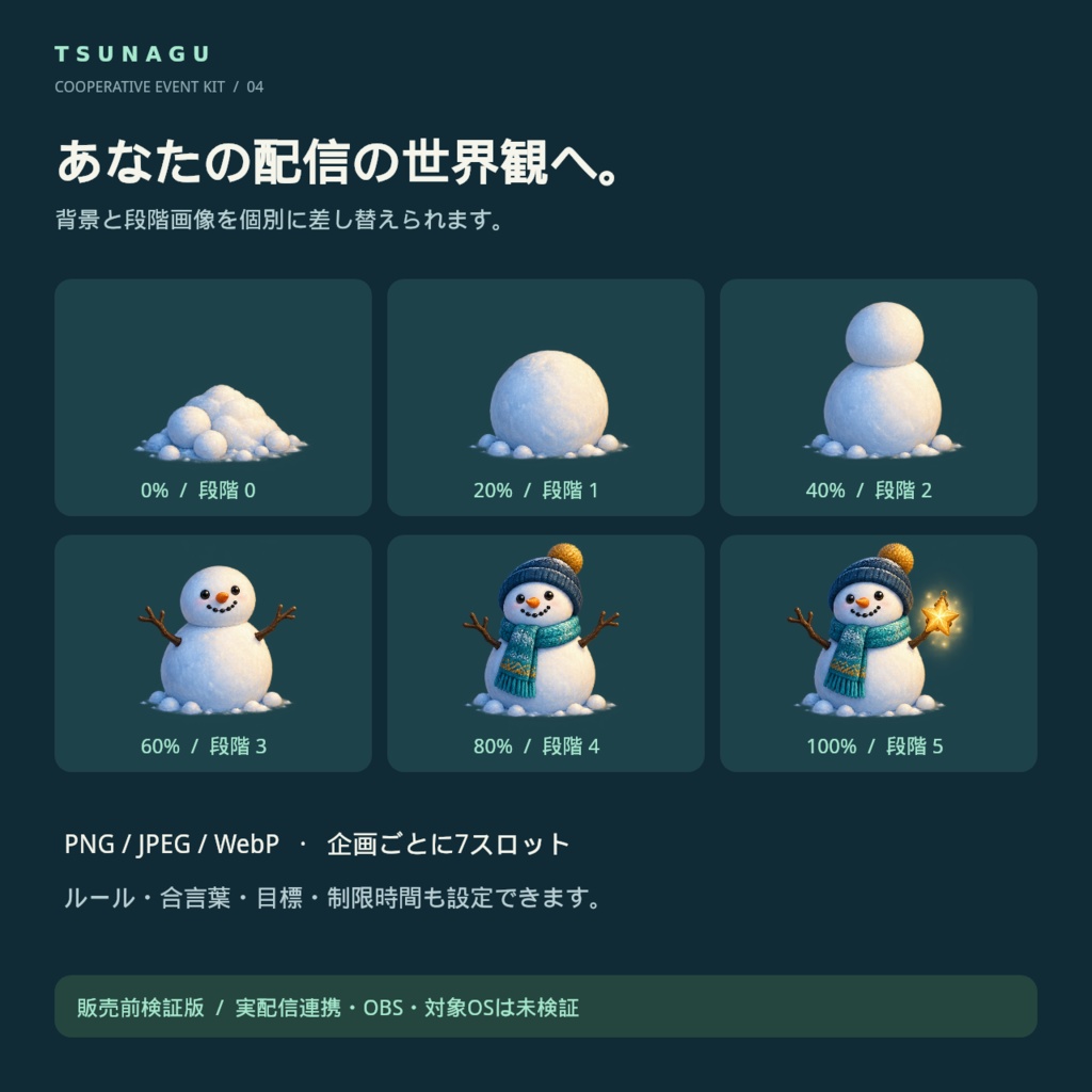 【検証版・実機未検証】TSUNAGU|コメント参加型協力イベントキット|雪だるま制作&宇宙船修理