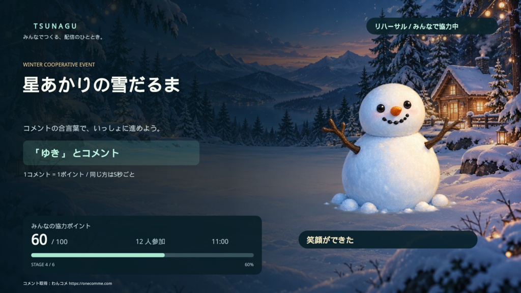 【検証版・実機未検証】TSUNAGU|コメント参加型協力イベントキット|雪だるま制作&宇宙船修理
