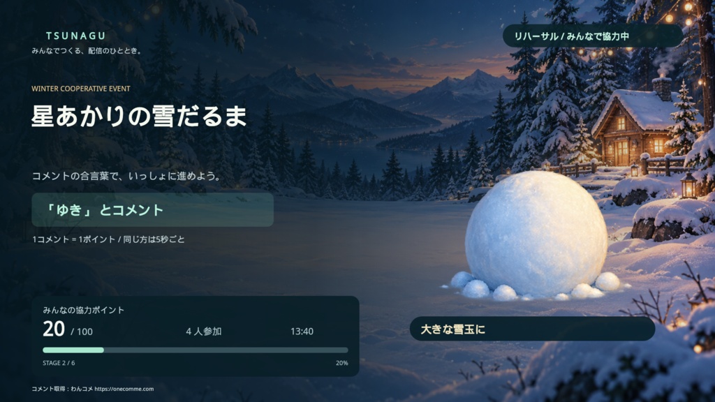 【検証版・実機未検証】TSUNAGU|コメント参加型協力イベントキット|雪だるま制作&宇宙船修理