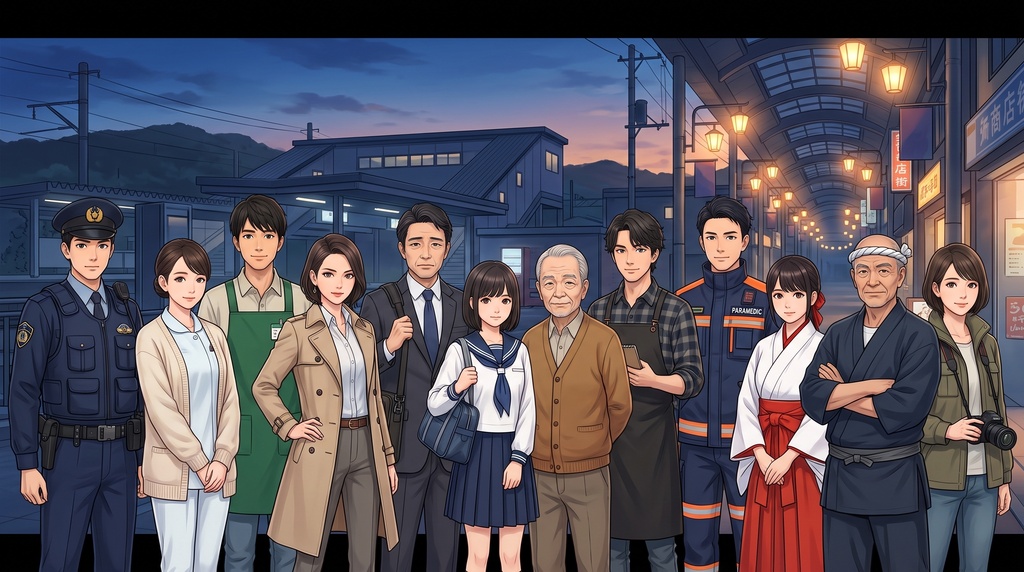 【現代日本TRPG・ノベル素材】現代日本の町を構成できるNPCアンサンブル 全24名コンプリートセット（各4表情・透過立ち絵・顔アイコン・盤面コマ・一覧表）